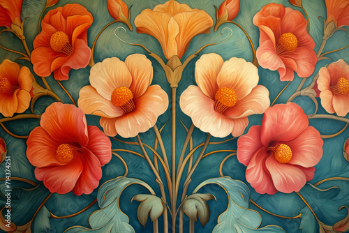 Art Nouveau Wallpaper  Relief with Blooming Flowers on a Sculpted Panel  Interior Surface Material Texture