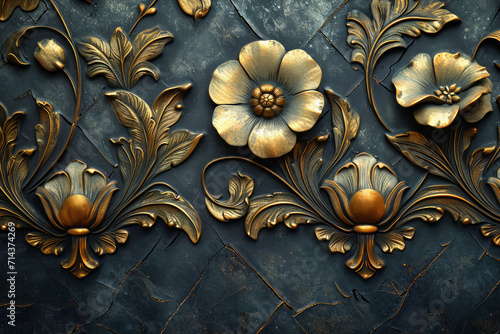 Art Nouveau Wallpaper, Relief with Blooming Flowers on a Sculpted Panel, Interior Surface Material Texture. Black and Gold Accents