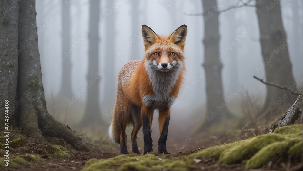 Obraz premium Close-up of a gray wolf wandering in a foggy forest