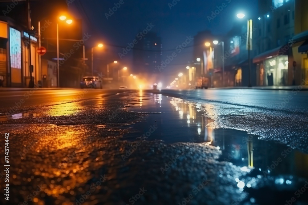 Obraz premium Wet asphalt reflection of neon lights a searchlight