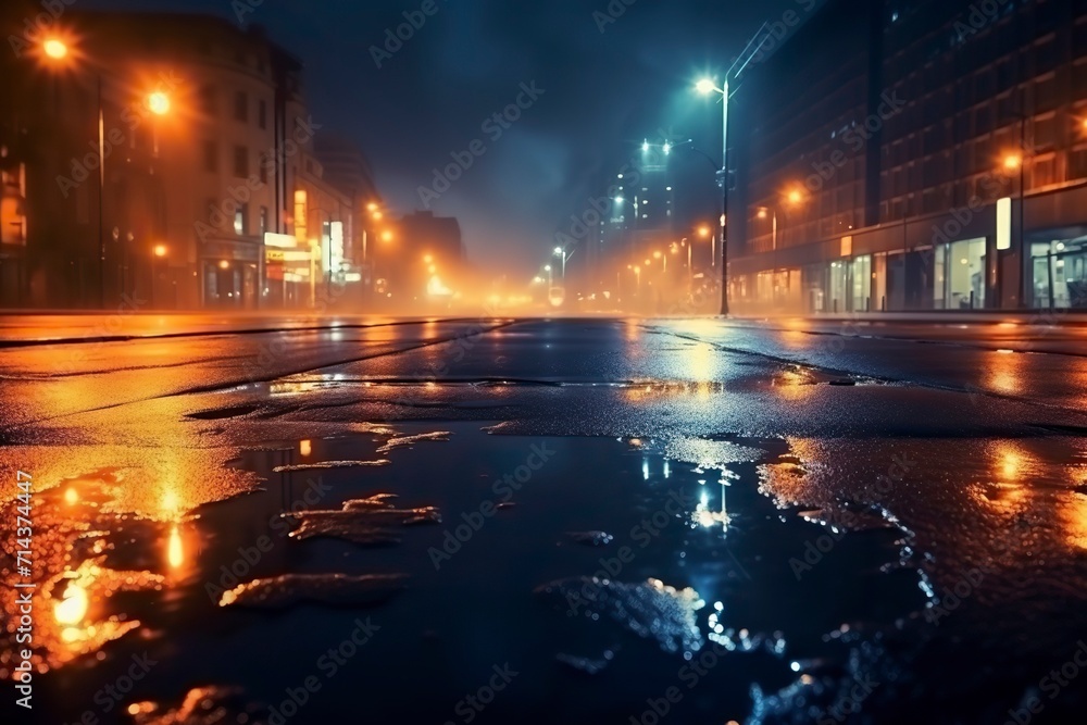 Fototapeta premium Wet asphalt reflection of neon lights a searchlight