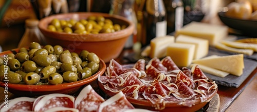 Andalusian interior serving Spanish tapas with sliced goat, sheep, and manchego cheeses, alongside green olives.