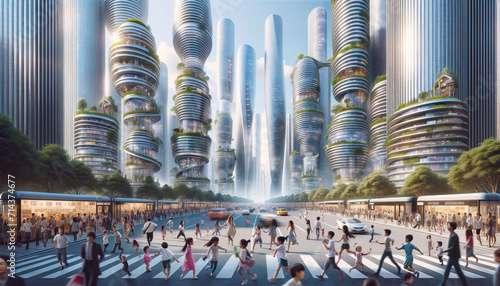 Futuristic Cityscape with Skyscrapers, People, and Modern Urban Design