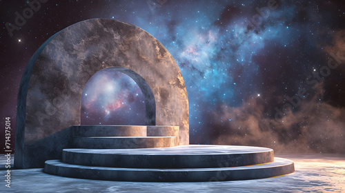 Stone podium backdrop for product display with abstract galaxy night scene. 3d rendering.