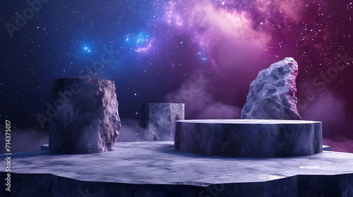Stone podium backdrop for product display with abstract galaxy night scene. 3d rendering.