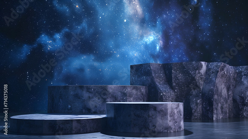 Stone podium backdrop for product display with abstract galaxy night scene. 3d rendering.