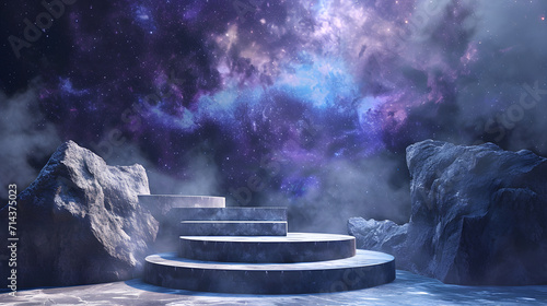 Stone podium backdrop for product display with abstract galaxy night scene. 3d rendering.