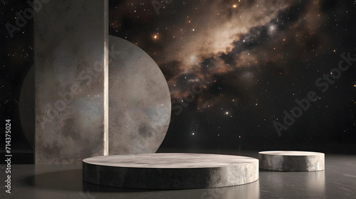 Stone podium backdrop for product display with abstract galaxy night scene. 3d rendering.
