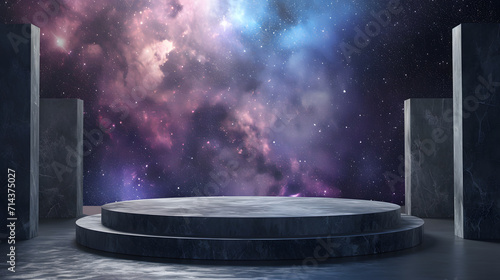 Stone podium backdrop for product display with abstract galaxy night scene. 3d rendering.
