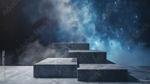 Stone podium backdrop for product display with abstract galaxy night scene. 3d rendering.
