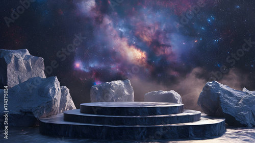 Stone podium backdrop for product display with abstract galaxy night scene. 3d rendering.