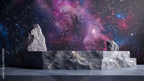 Stone podium backdrop for product display with abstract galaxy night scene. 3d rendering.