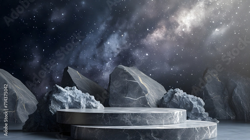 Stone podium backdrop for product display with abstract galaxy night scene. 3d rendering.