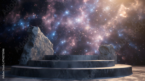 Stone podium backdrop for product display with abstract galaxy night scene. 3d rendering.