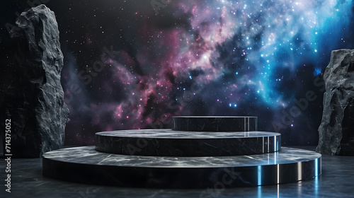 Stone podium backdrop for product display with abstract galaxy night scene. 3d rendering.