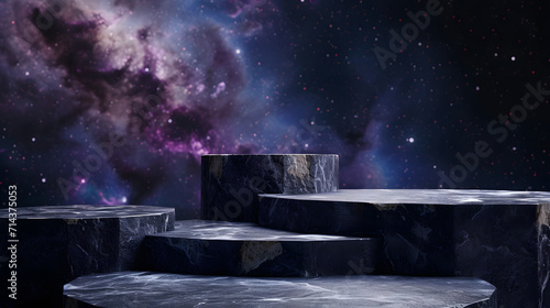 Stone podium backdrop for product display with abstract galaxy night scene. 3d rendering.