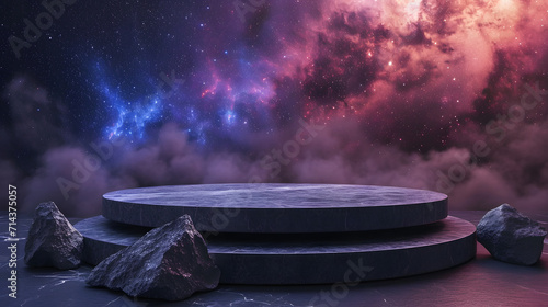 Stone podium backdrop for product display with abstract galaxy night scene. 3d rendering.