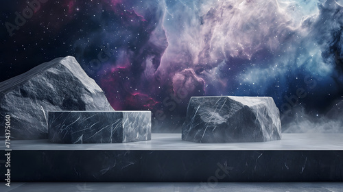 Stone podium backdrop for product display with abstract galaxy night scene. 3d rendering.
