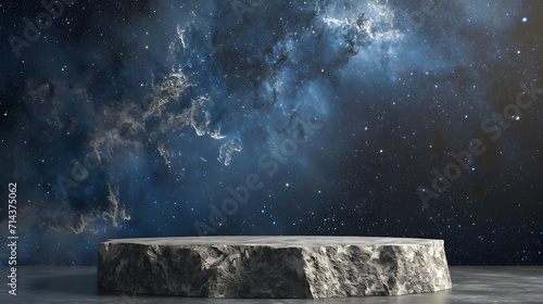 Stone podium backdrop for product display with abstract galaxy night scene. 3d rendering.