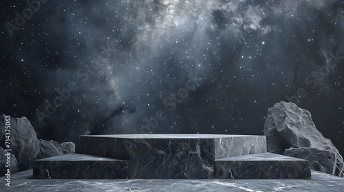 Stone podium backdrop for product display with abstract galaxy night scene. 3d rendering.