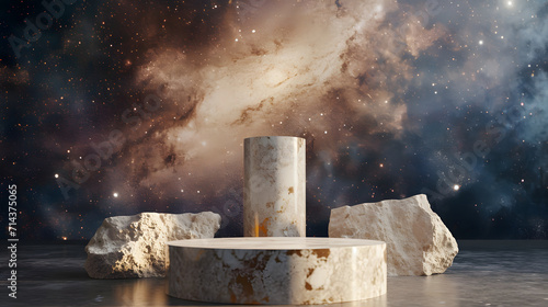 Stone podium backdrop for product display with abstract galaxy night scene. 3d rendering.