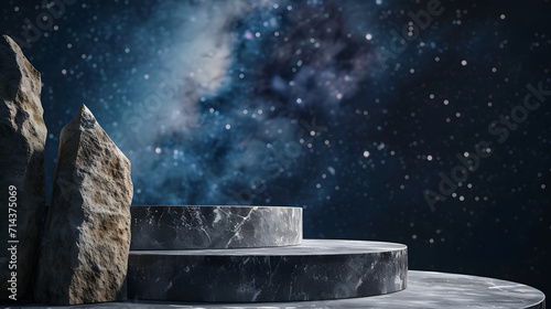 Stone podium backdrop for product display with abstract galaxy night scene. 3d rendering.