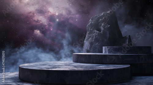 Stone podium backdrop for product display with abstract galaxy night scene. 3d rendering.