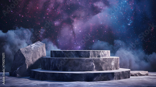 Stone podium backdrop for product display with abstract galaxy night scene. 3d rendering.