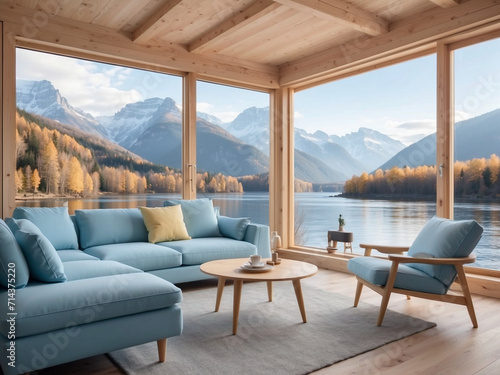 Living room with mountain and lake view, modern living room interior design