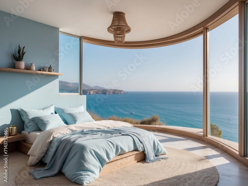 Sea view bedroom with blue pillows and blankets, seaside bedroom, modern bedroom interior design photo