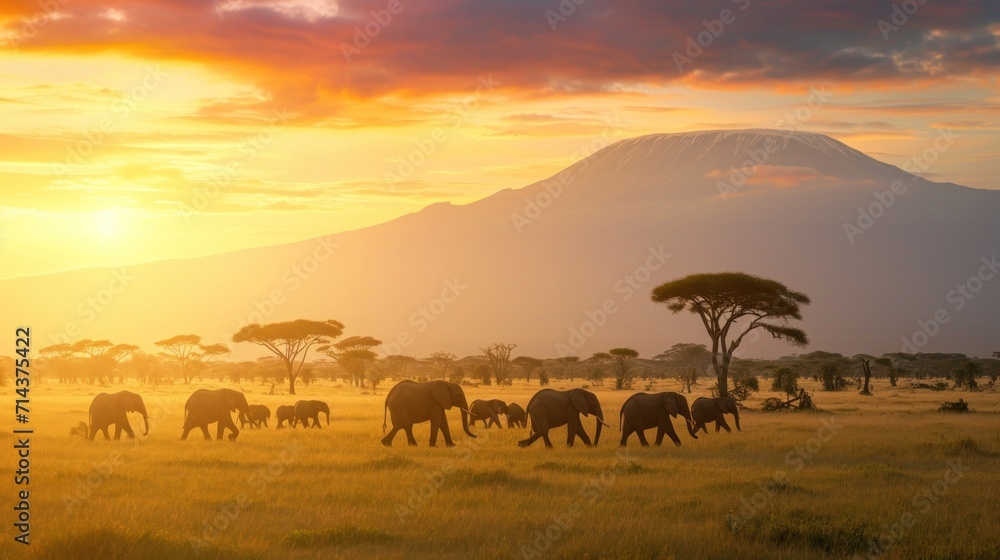  a herd of elephants walking across a grass covered field with a mountain in the background and a sunset in the middle of the field, with a few trees in the foreground.