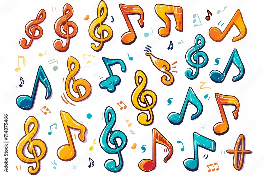A vibrant and playful illustration of a group of cartoon music notes, showcasing a unique and eye-catching design in the form of clipart art A vibrant and playful illustration of a group of cartoon music notes, showcasing a unique and eye-catching design in the form of clipart art