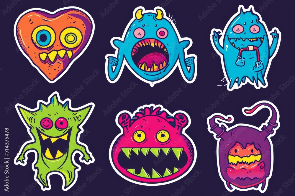 Fototapeta premium Whimsical clipart creatures come to life in this colorful cartoon illustration, ready to bring laughter and mischief to any graphic design project