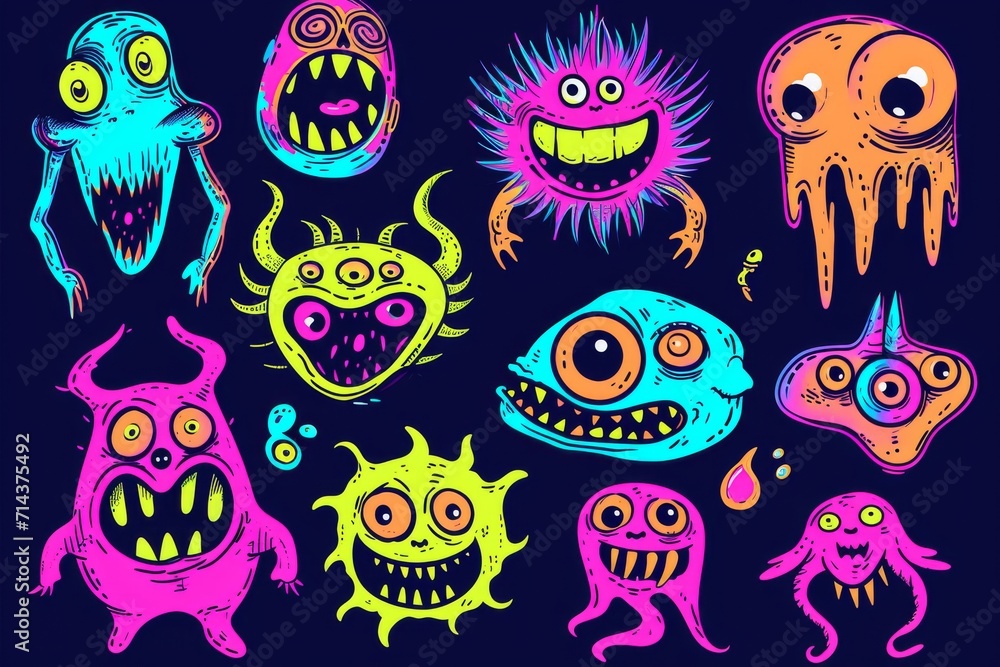 An eclectic group of whimsical cartoon monsters, each with their own unique skull-inspired design, come to life in a vibrant illustration bursting with lively graphics and playful clipart An eclectic group of whimsical cartoon monsters, each with their own unique skull-inspired design, come to life in a vibrant illustration bursting with lively graphics and playful clipart
