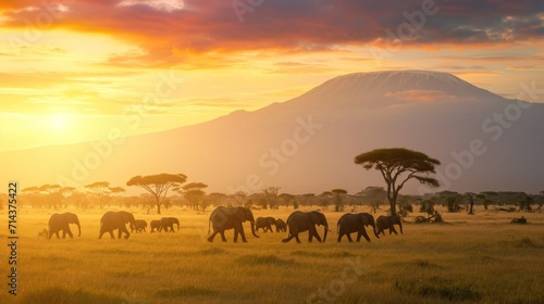  a herd of elephants walking across a grass covered field with a mountain in the background and a sunset in the middle of the field, with a few trees in the foreground.