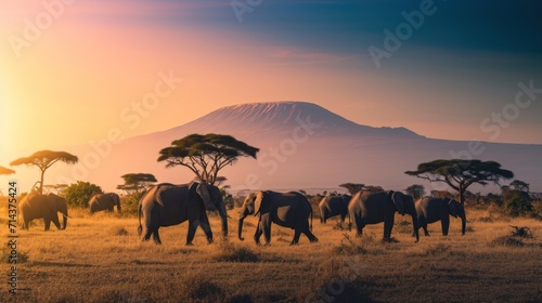 a herd of elephants walking across a dry grass field with a mountain in the background in the distance  with trees and bushes in the foreground  in the foreground  a.
