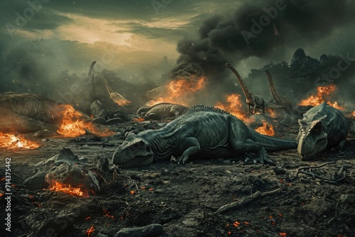 Amidst the blazing inferno and choking smoke, prehistoric giants roam a desolate field, their once majestic home now consumed by flames and pollution from above