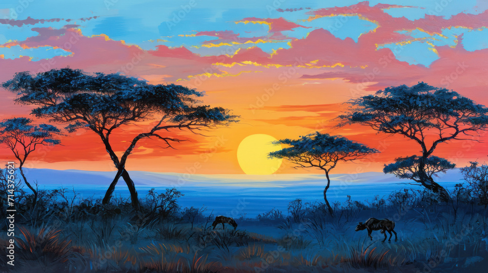  a painting of a sunset with a couple of animals in the foreground and trees on the other side of the painting, with the sun setting in the distance.