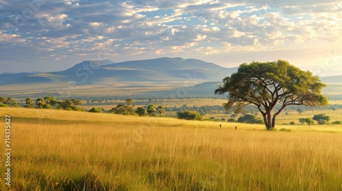  a grassy field with a lone tree in the foreground and a mountain range in the distance with clouds in the sky and a few trees in the foreground.