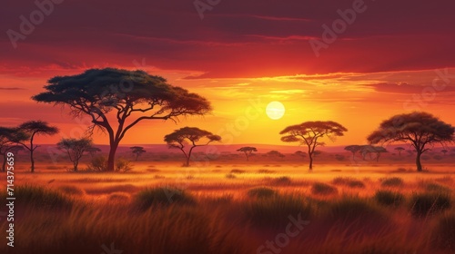  a painting of a sunset with trees in the foreground and a field of grass in the foreground, with the sun setting in the middle of the horizon.