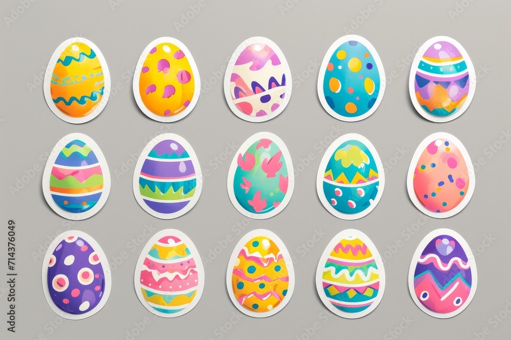 Vibrant and whimsical child-like art brings a colorful burst of joy to a group of circular stickers featuring adorable egg designs