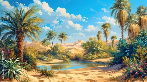  a painting of a desert scene with palm trees and a stream of water in the middle of the desert, with a blue sky and white clouds in the background.