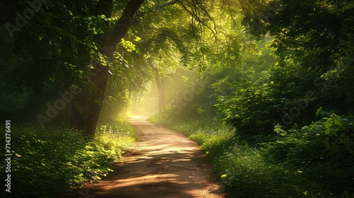  a dirt road in the middle of a forest with trees on both sides of the road and sunlight coming through the trees on the other side of the dirt road.