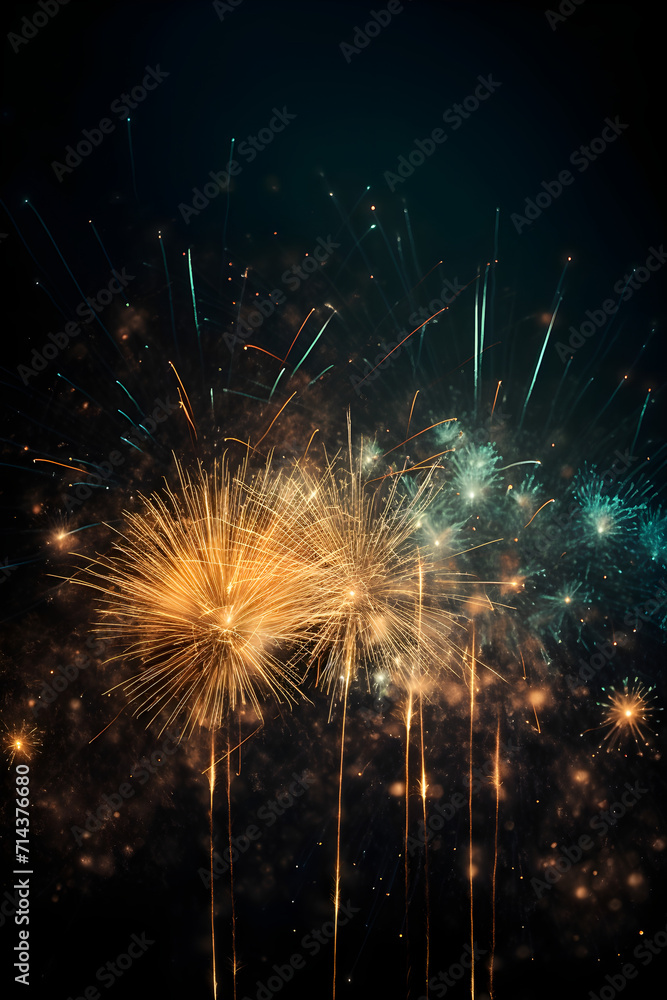 Fireworks and sparks on a dark background, in a dark sky blue and light gold style, bokeh, dark turquoise and dark orange, elegant metallic finish, sparklecore, Nathan Wirth, smooth and shiny.