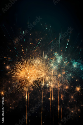 Fireworks and sparks on a dark background  in a dark sky blue and light gold style  bokeh  dark turquoise and dark orange  elegant metallic finish  sparklecore  Nathan Wirth  smooth and shiny.