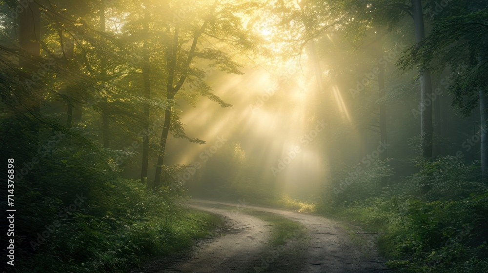 Fototapeta premium a dirt road in the middle of a forest with sunbeams shining through the trees on the other side of the road is a dirt road in the foreground.