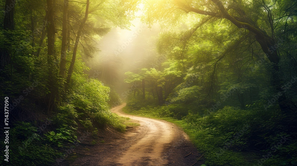 Obraz premium a dirt road in the middle of a lush green forest with sunbeams shining through the trees on both sides of the road is a dirt path that runs through the woods.