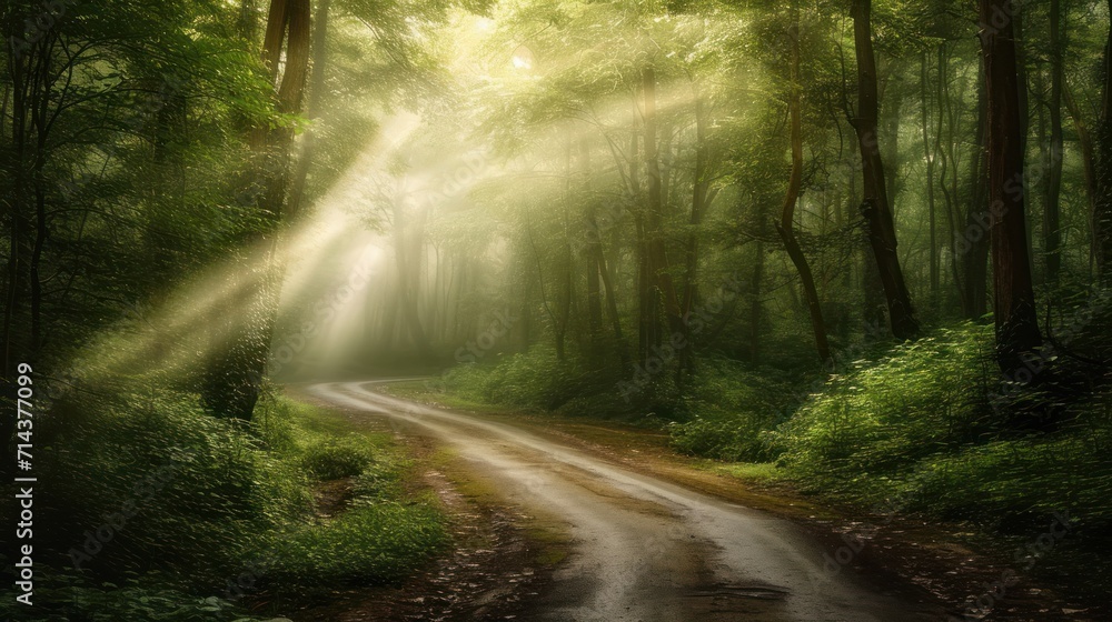 Obraz premium a dirt road in the middle of a forest with sunlight streaming through the trees and a light beam coming out of the top of the trees in the middle of the forest.