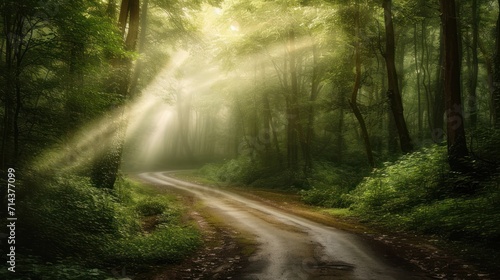  a dirt road in the middle of a forest with sunlight streaming through the trees and a light beam coming out of the top of the trees in the middle of the forest.