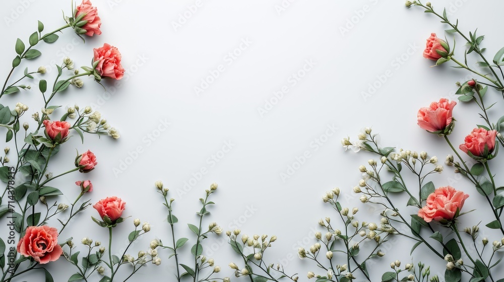 Red flowers are decorated on the side, clean white background with space to add text or products. Red flowers are decorated on the side, clean white background with space to add text or products.